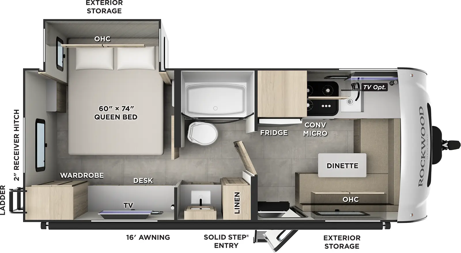 The Rockwood Geo Pro G20BS floorplan has one entry and one slide out. Exterior features include: fiberglass exterior and 16' awning. Interiors features include: rear bedroom and pass through bathroom.